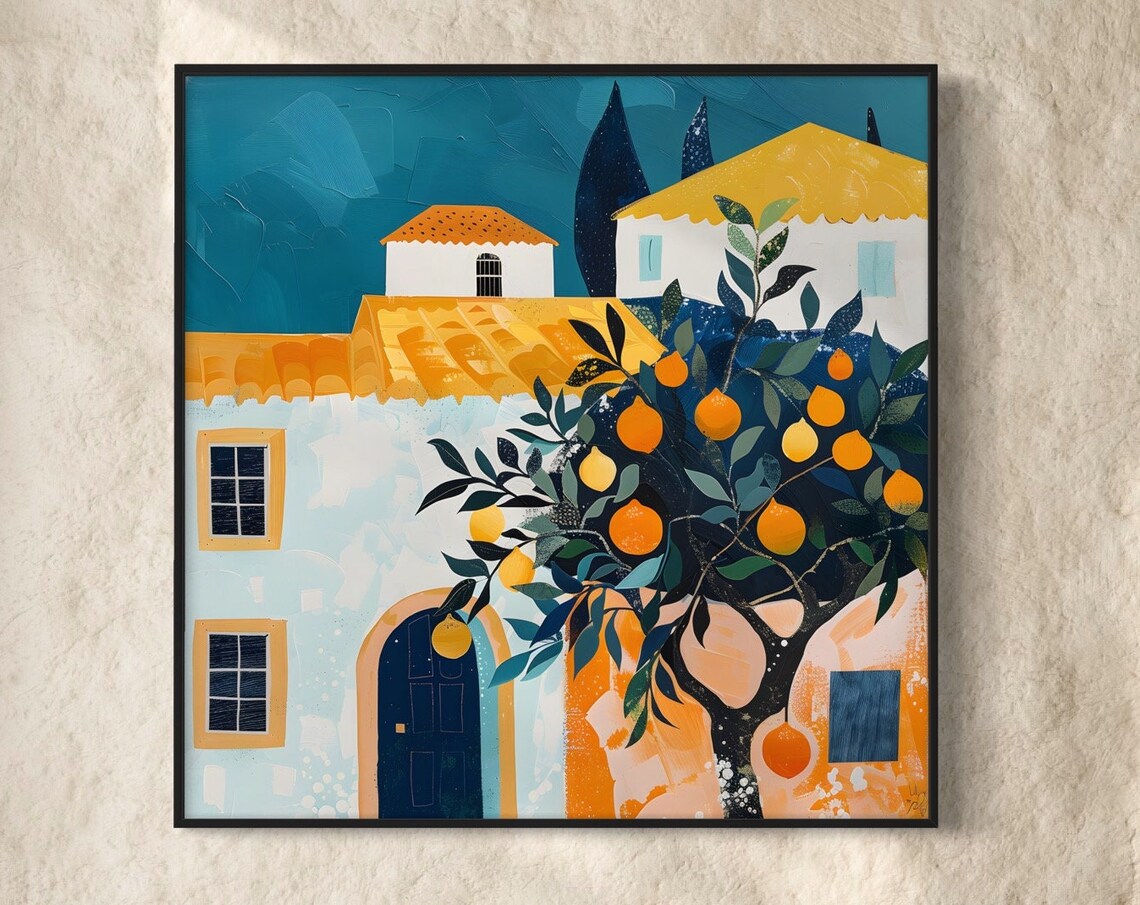 Mediterranean Orange Tree Village Coastal Greek House Travel Poster