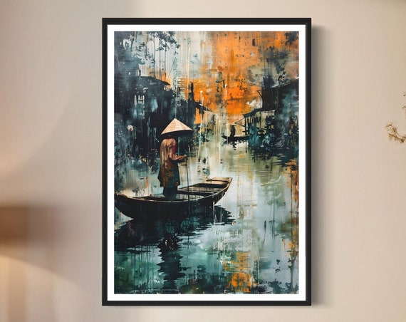Vietnam River Art Print Traditional Vietnamese Boats Non La Hat Tropical Decor Waterway Painting Exotic Travel Poster Holiday Souvenir Gift