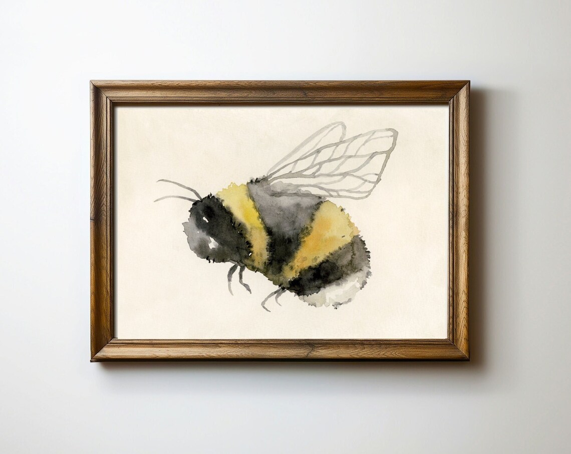 Bumble Bee Watercolor Art Print, Minimalist Rustic Decor
