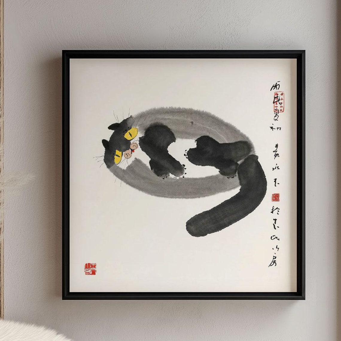 Chinese Ink Cat Painting Black Curled Cat Yellow Eyes Wall Art