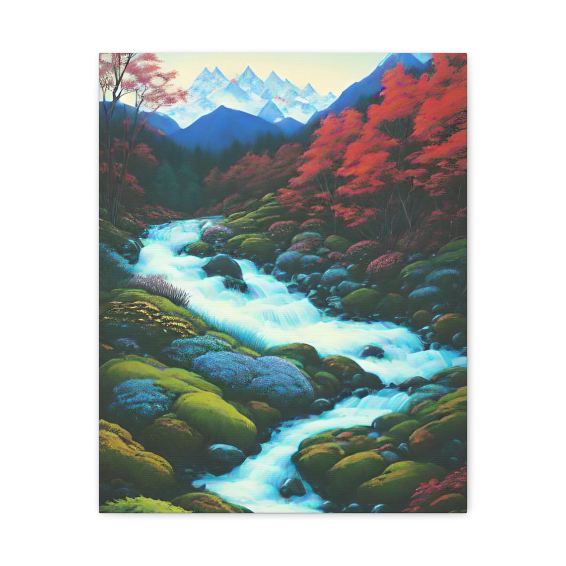 Mountain Stream Whitewater Autumn Red Forest Peaks Nature Art Poster