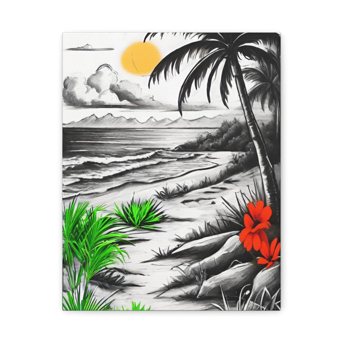 Black And White Tropical Beach Palm Trees Selective Color Poster