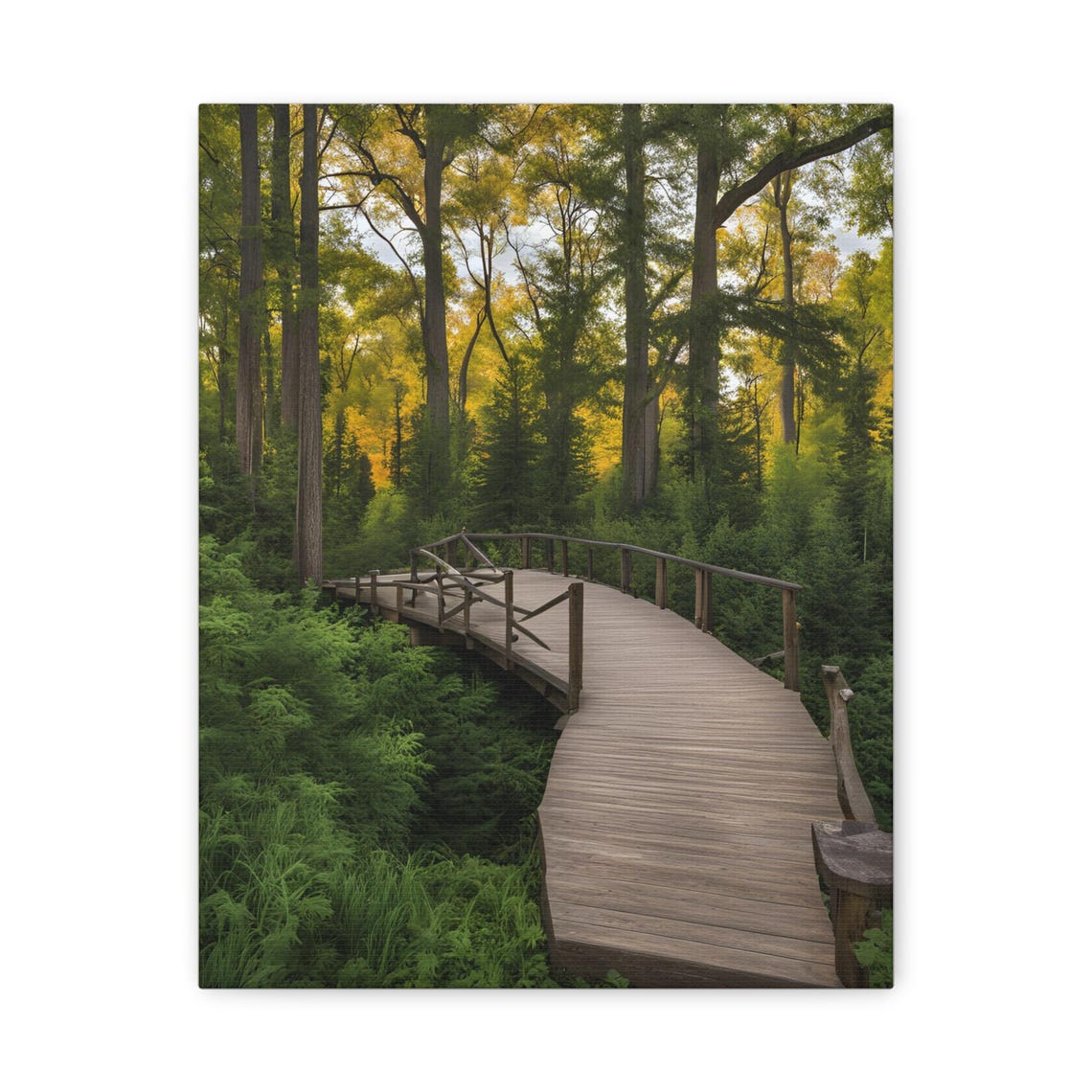 Winding Wooden Boardwalk Through A Sunlit Forest Path Poster