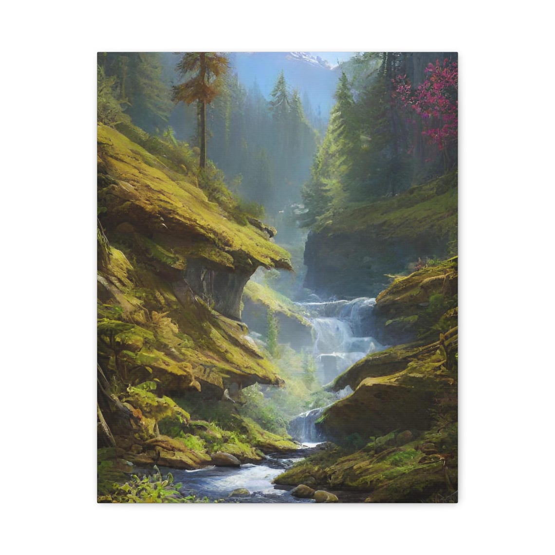 Misty Forest Waterfall Canyon With Mossy Cliffs And Pine Trees Poster