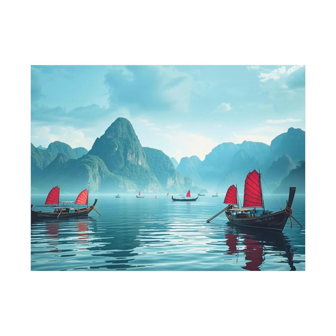 Traditional Red Sail Junk Boats Misty Karst Tropical Bay Poster