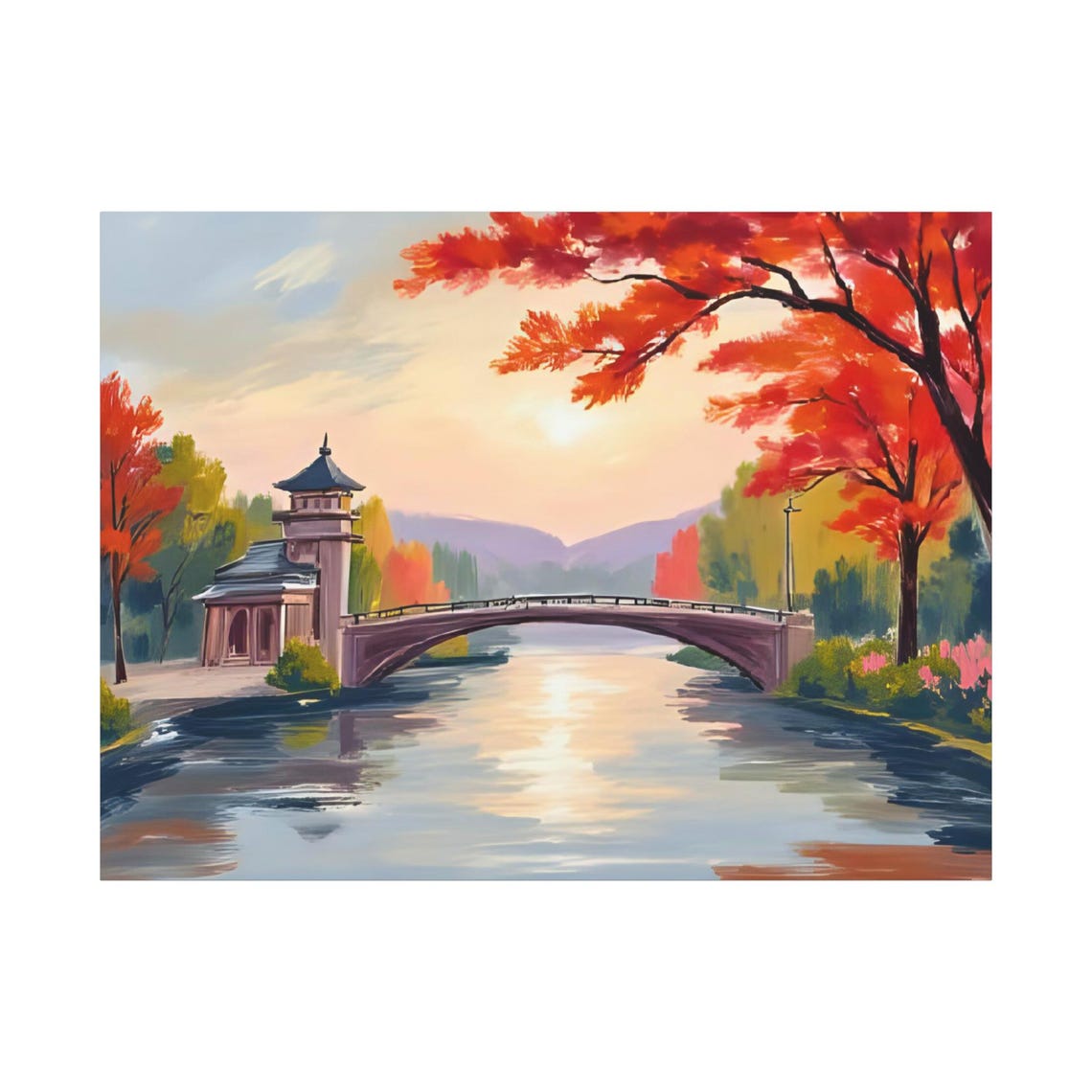 Autumn Bridge Pagoda Sunset Lake Fall Foliage Landscape Poster