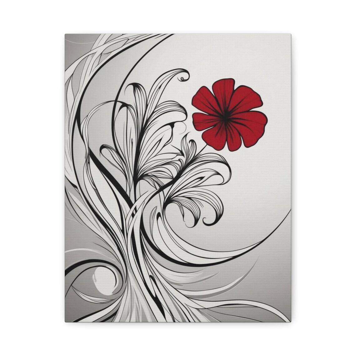 Red Flower On Black White Swirling Line Art Botanical Poster