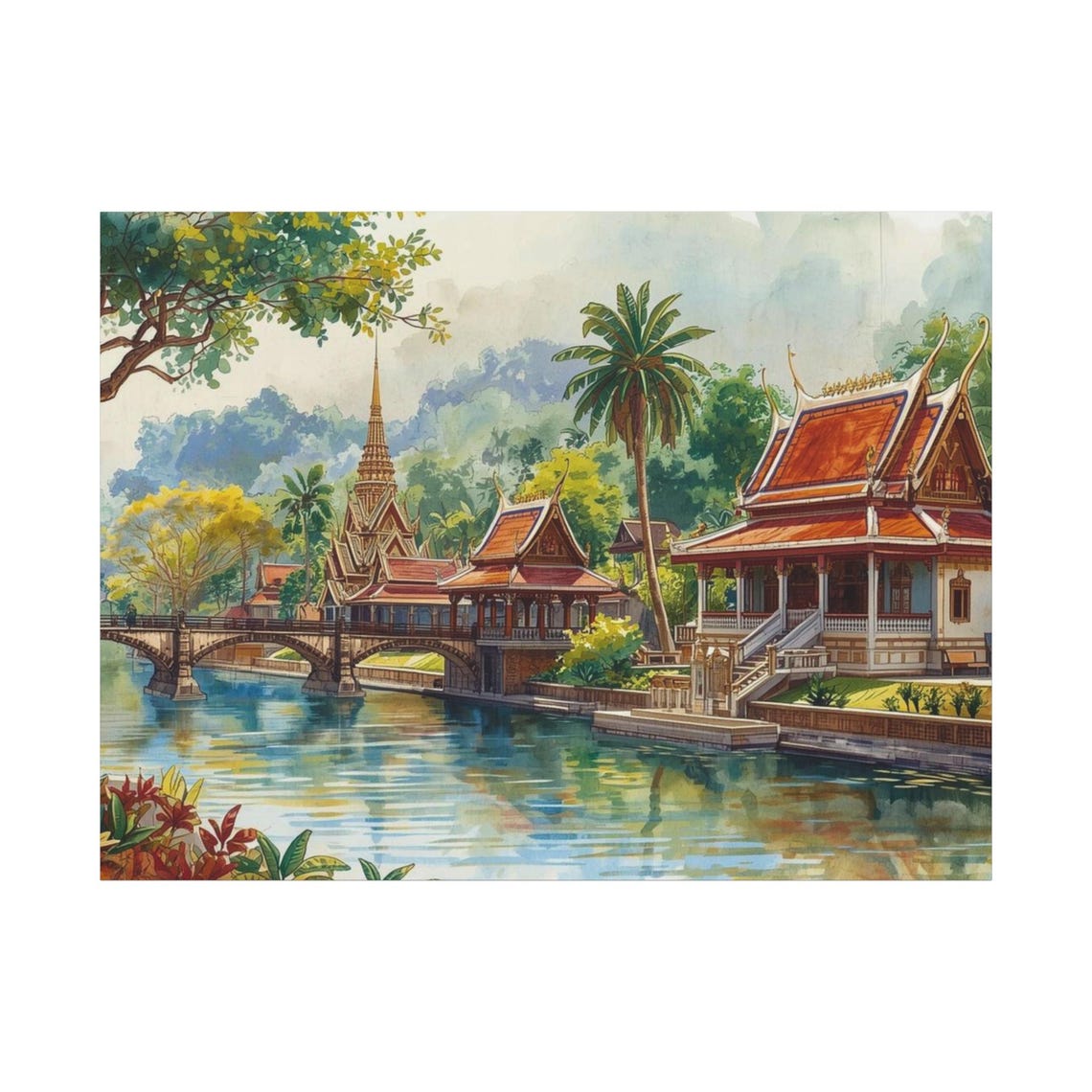 Thai Temple River Bridge Watercolor Southeast Asia Art Poster
