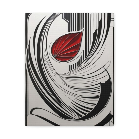 Art Deco Red Leaf Black White Swirl Modern Abstract Art Poster