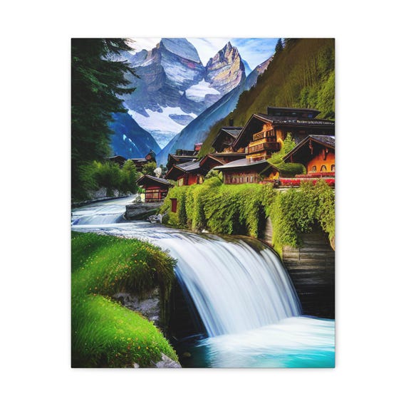 Mountain Village Waterfall Matte Canvas Art Print