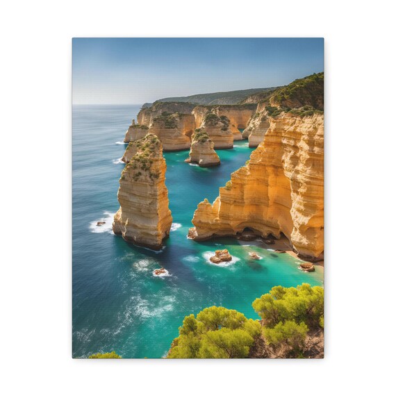 Golden Coastal Cliffs Sea Stacks Turquoise Water Seascape Poster