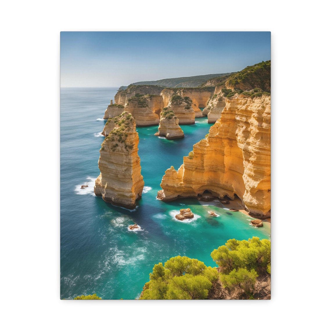 Golden Coastal Cliffs Sea Stacks Turquoise Water Seascape Poster