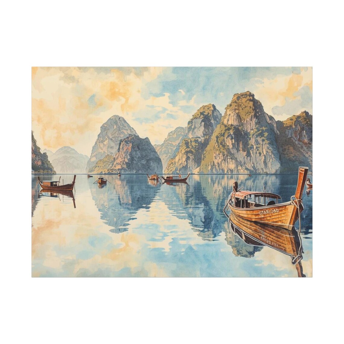Thailand Longtail Boats Karst Peaks Morning Reflection Poster