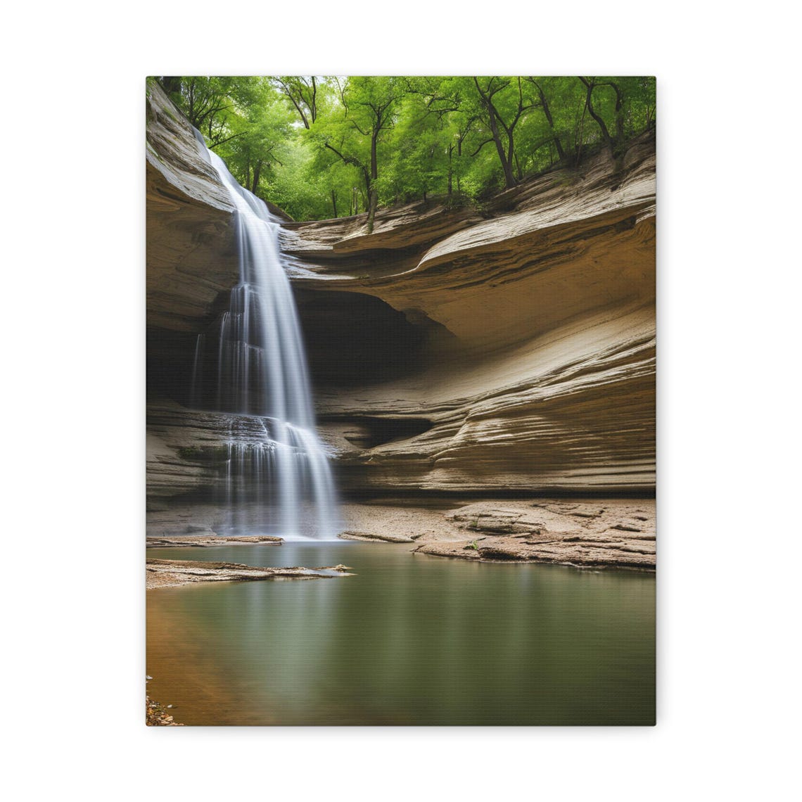 Waterfall Cascading Into Forest Pool Lush Nature Canvas Poster