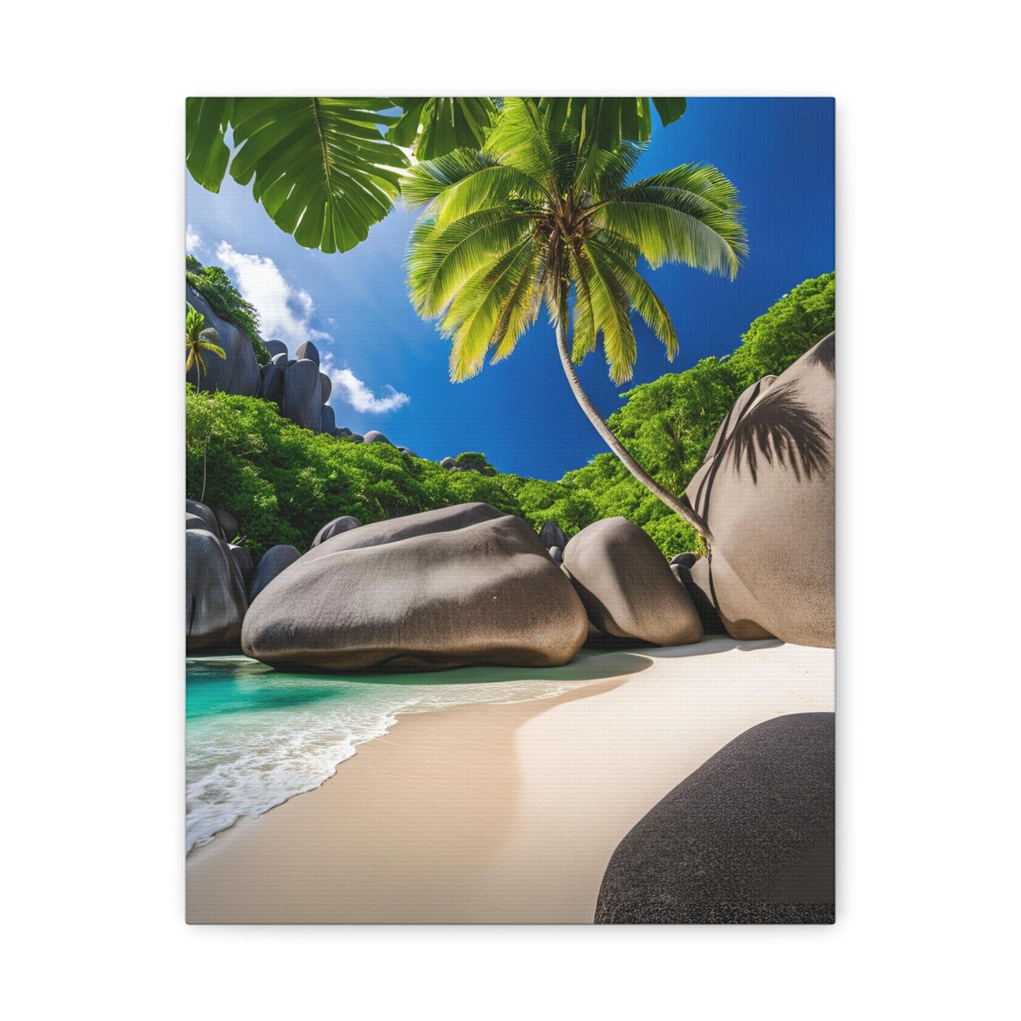 Tropical Beach Granite Boulders Palm Turquoise Ocean Water Poster