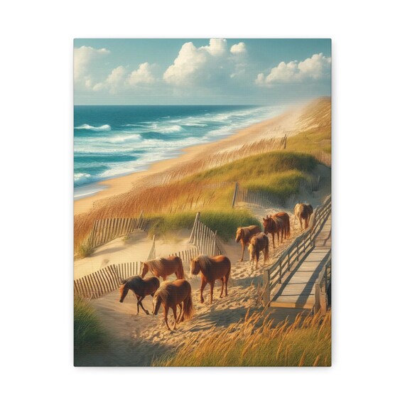 Wild Horse Herd Beach Boardwalk Turquoise Waves Coastal Poster