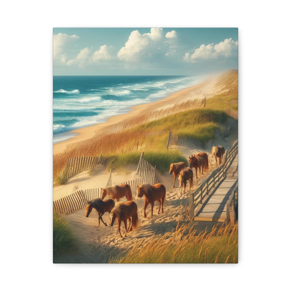 Wild Horse Herd Beach Boardwalk Turquoise Waves Coastal Poster