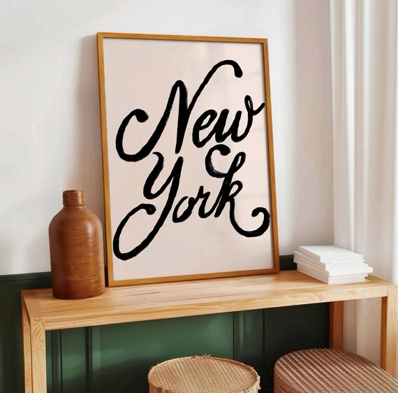 New York Black Brush Script Hand Drawn Curved Typography Wall Art