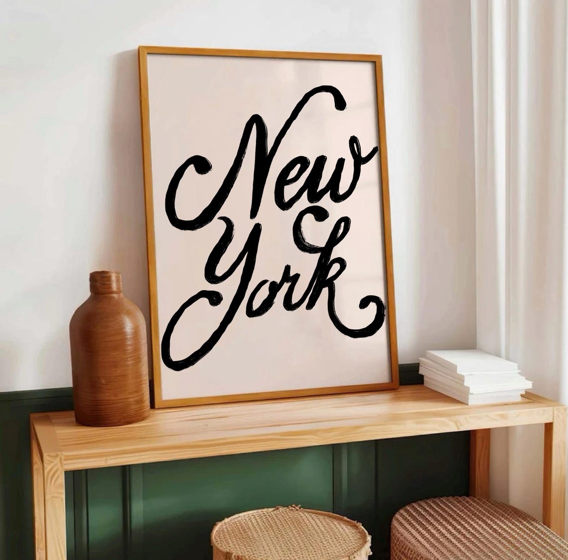 New York Black Brush Script Hand Drawn Curved Typography Wall Art