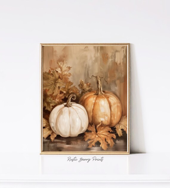 White Orange Pumpkin Pair Autumn Oak Leaves Oil Painting Print