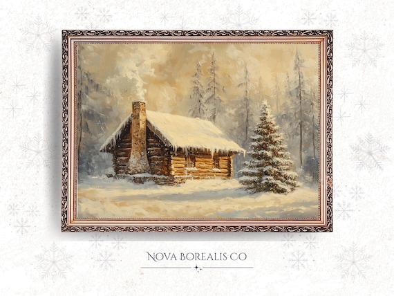 Rustic Log Cabin Winter Poster Snowy Christmas Tree Cozy Farmhouse Decor