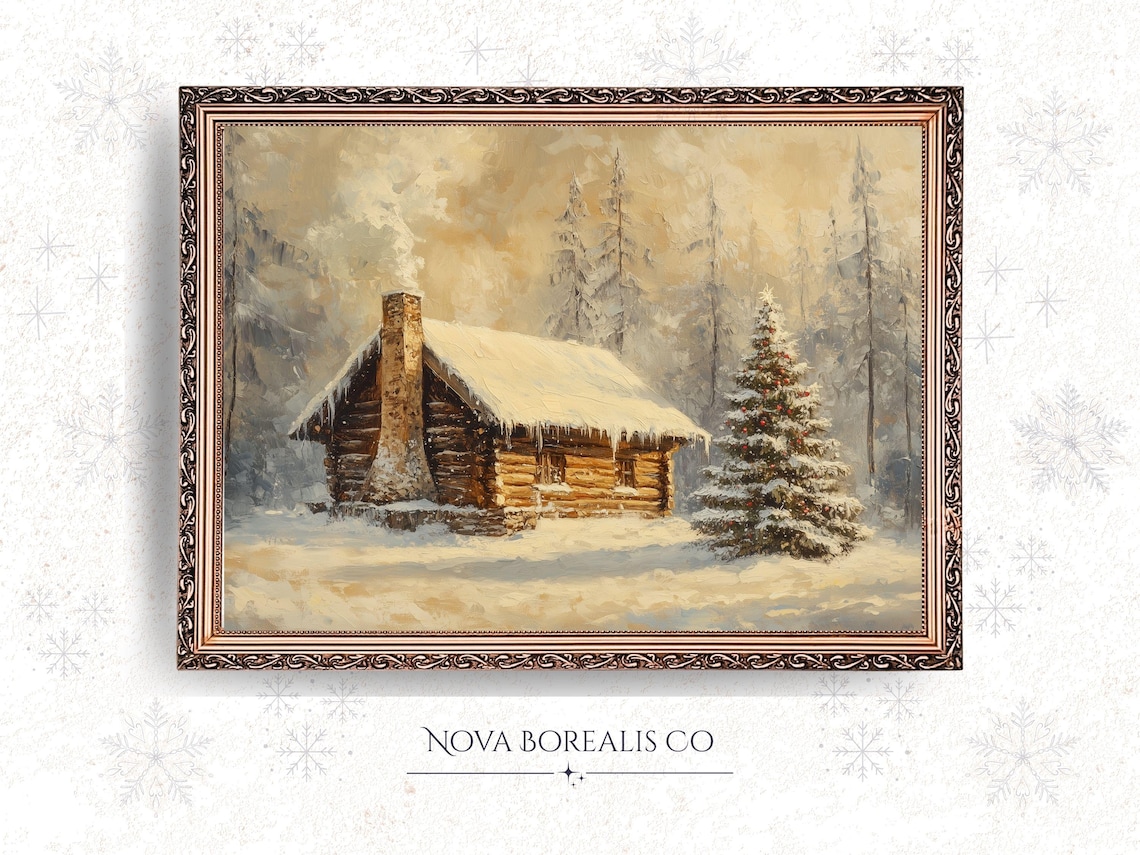 Rustic Log Cabin Winter Poster Snowy Christmas Tree Cozy Farmhouse Decor