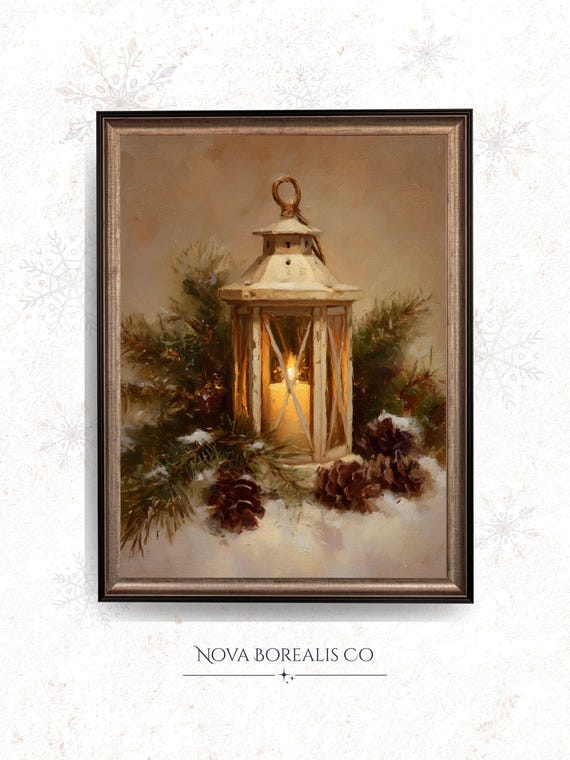 Rustic Lantern With Candlelight Vintage Winter Wall Art Cozy Farmhouse Decor Moody Seasonal Painting 143
