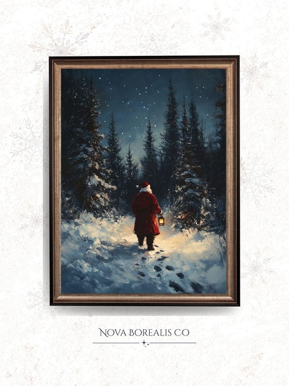 Victorian Santa In Snowy Forest Moody Vintage Christmas Art Festive Winter Scene Retro Holiday Night 145