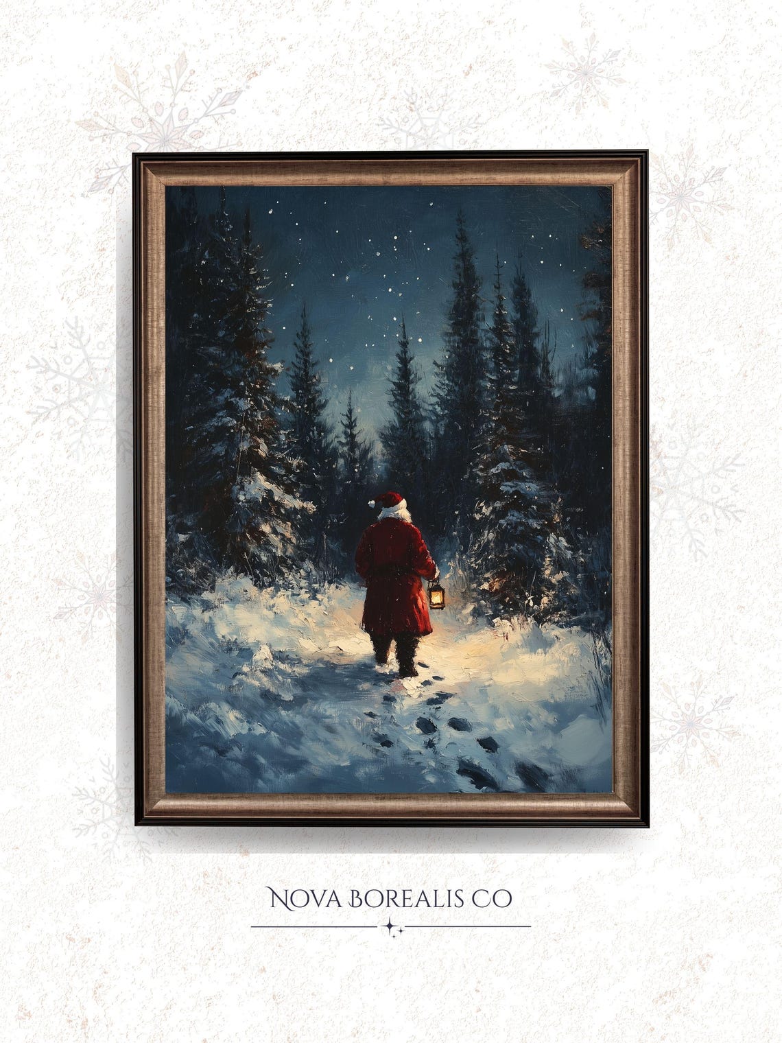 Santa Walking Through Snowy Moonlit Forest Night With Lantern Poster
