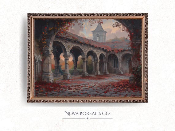 Rustic Autumn Walkway Print Arched Covered In Leaves Moody Fall Artwork Vintage Oil Painting Wall Art Decor 9