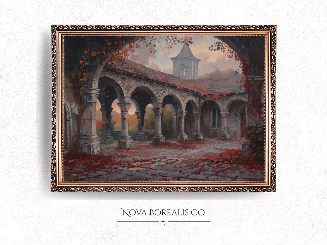 Rustic Autumn Cloister Red Ivy Arches Stone Abbey Moody Fall Art Poster