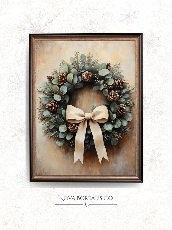 Vintage Christmas Wreath Eucalyptus Pinecone Cream Bow Holiday Poster