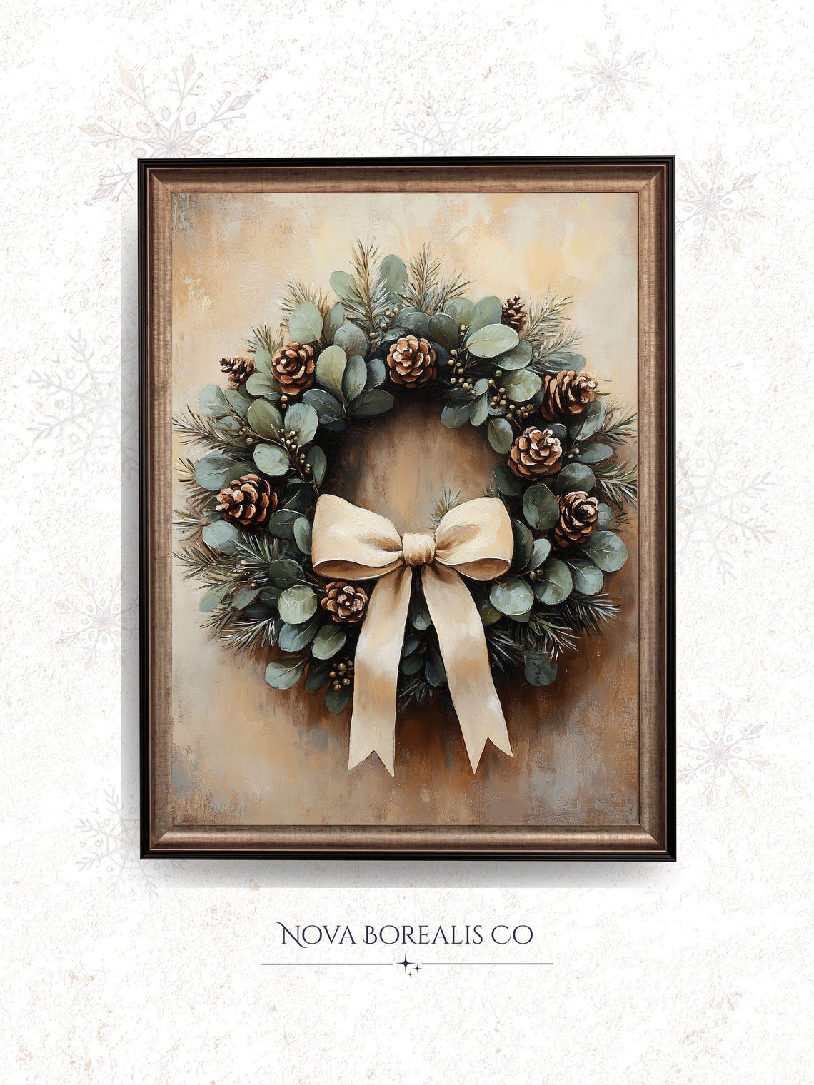 Vintage Christmas Wreath Eucalyptus Pinecone Cream Bow Holiday Poster