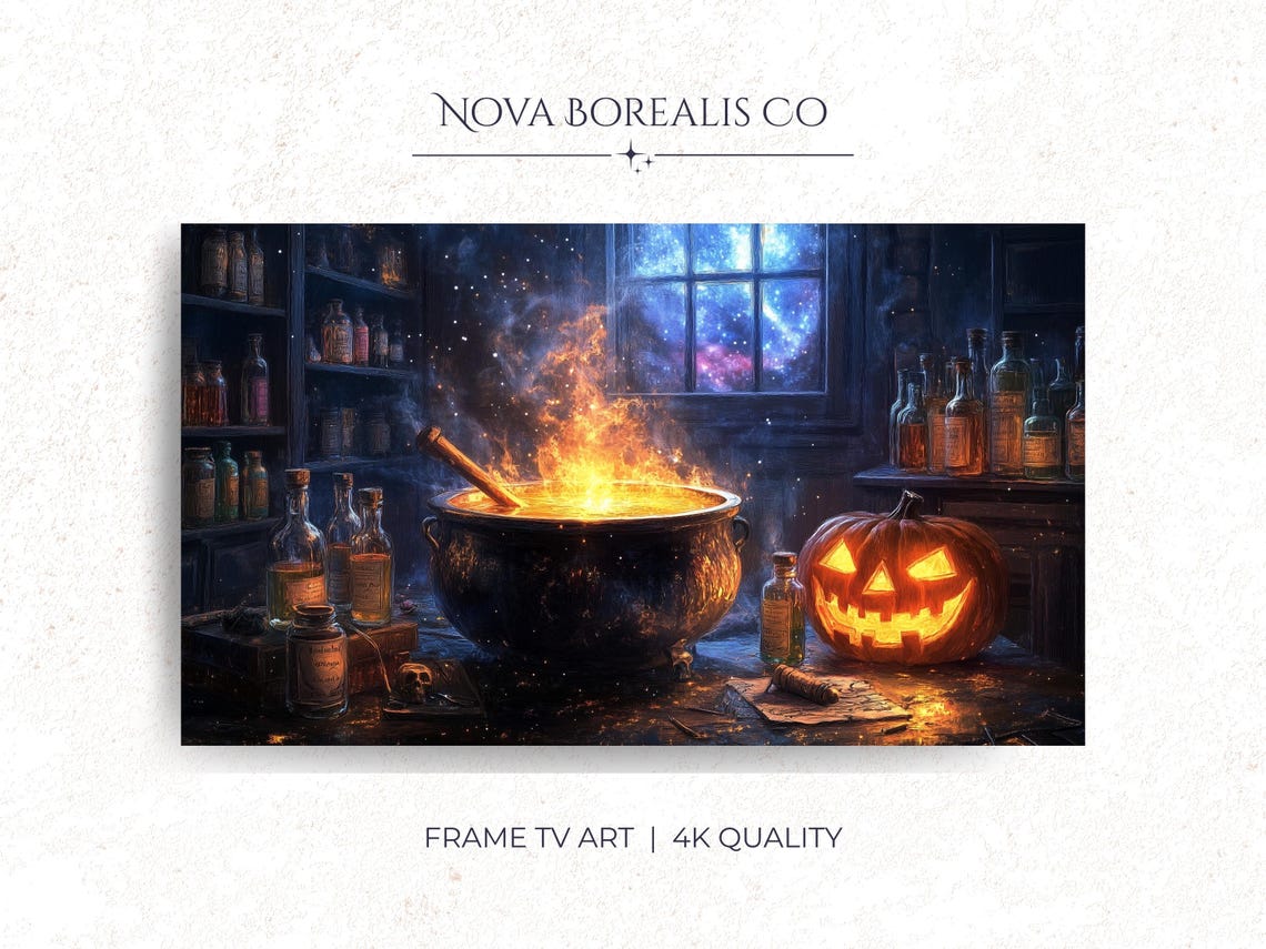 Halloween Frame Tv Art Witchs Cauldron And Pumpkin Glow For Spooky Autumn Decor Vintage Magical 26