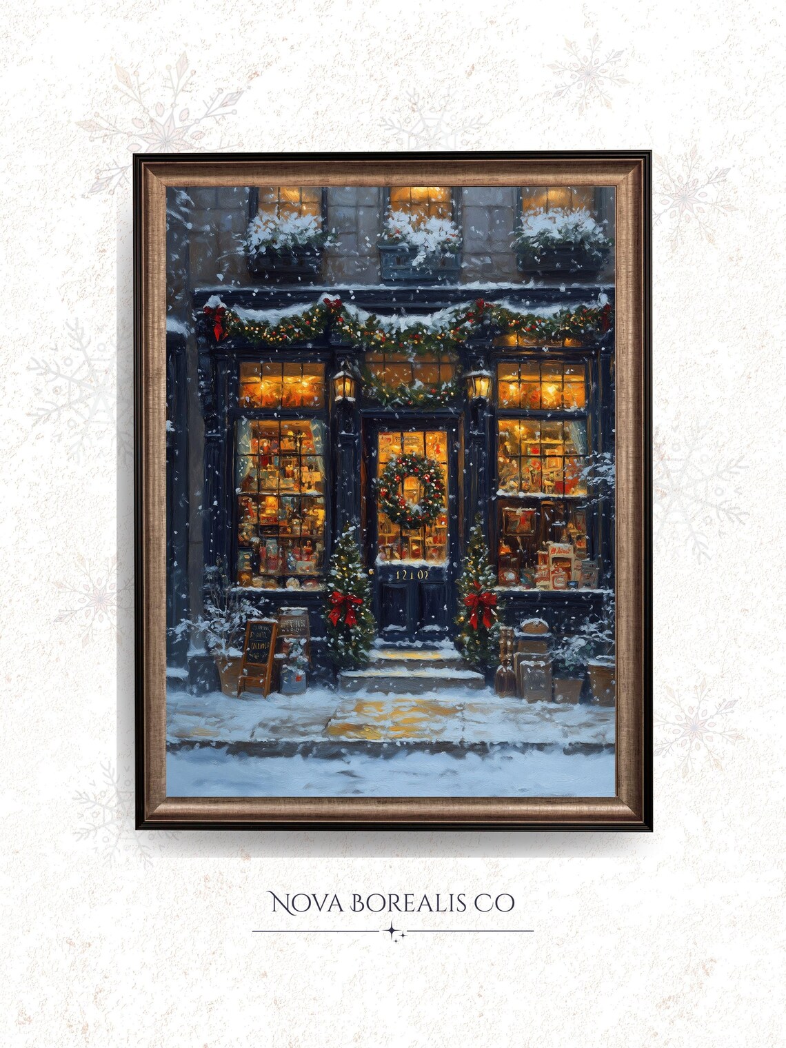 Festive Toy Shop Storefront At Night Snowy Christmas Windows Glow Poster