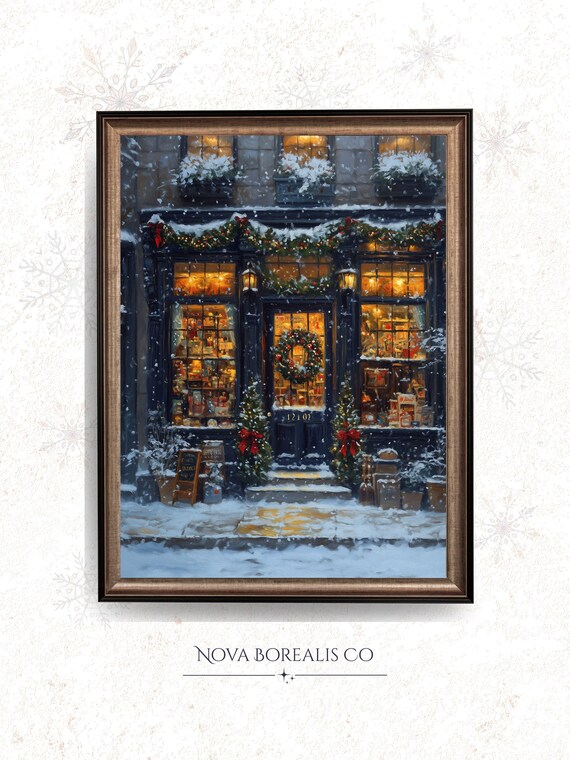 Festive Toy Shop Storefront At Night Snowy Christmas Windows Glow Poster