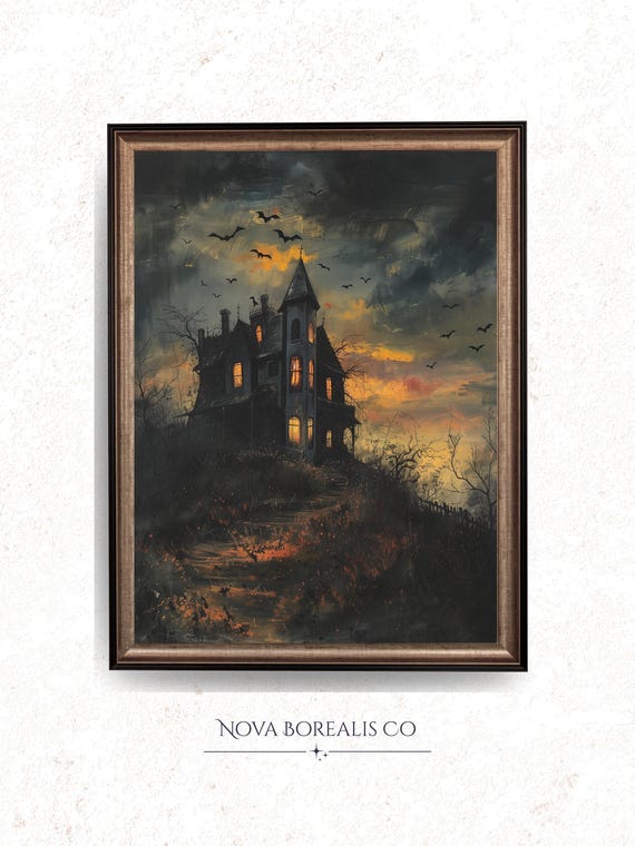 Haunted Mansion Silhouette Painting Spooky Vintage Wall Art Ominous Dusk Sky Halloween Decor Bats And Clouds 54