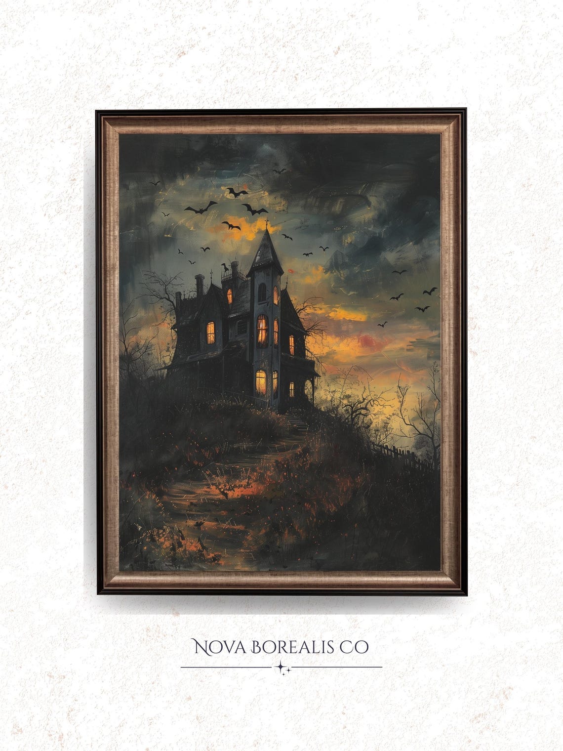 Haunted Mansion Silhouette Painting Spooky Vintage Wall Art Ominous Dusk Sky Halloween Decor Bats And Clouds 54