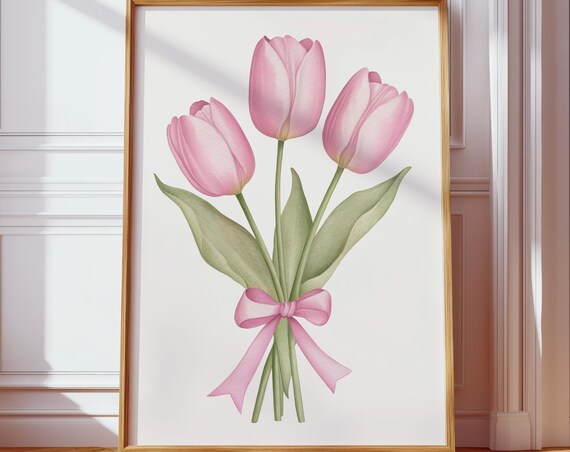 Trendy Coquette Tulip Room Decor Y2k Aesthetic Pink Girly Art Print Cute Poster For Gallery Wall Instant Decor