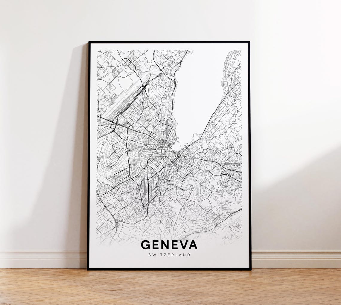 Geneva Switzerland City Street Map Black White Modern Poster Art