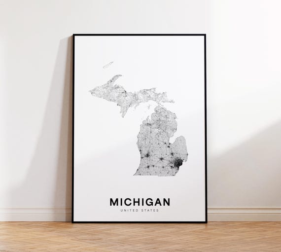 Michigan State Map Print Poster Of Usa Minimalist Mi Road Instant