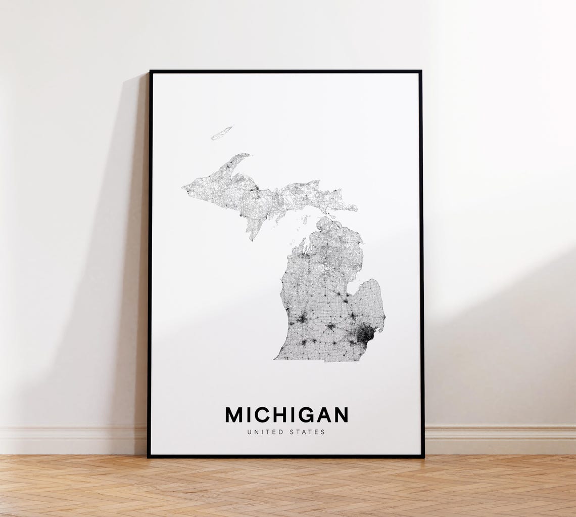 Michigan State Map Print Poster Of Usa Minimalist Mi Road Instant