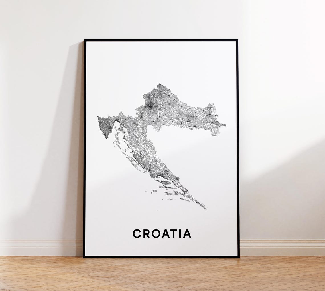 Croatia Country Outline Minimalist Black White Map Street Art Print