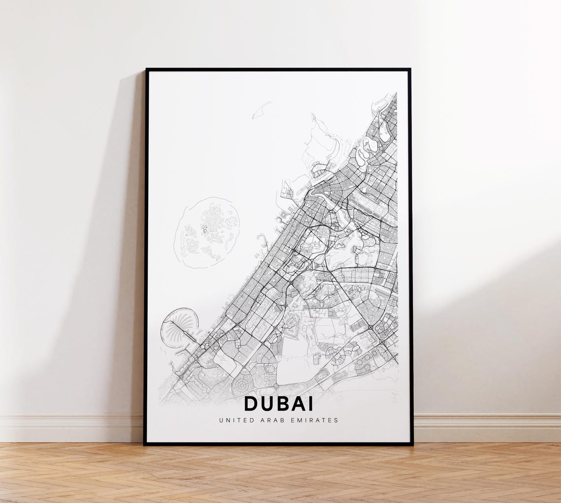 Dubai City Map Print Street Poster Uae Art Black And White Minimalist
