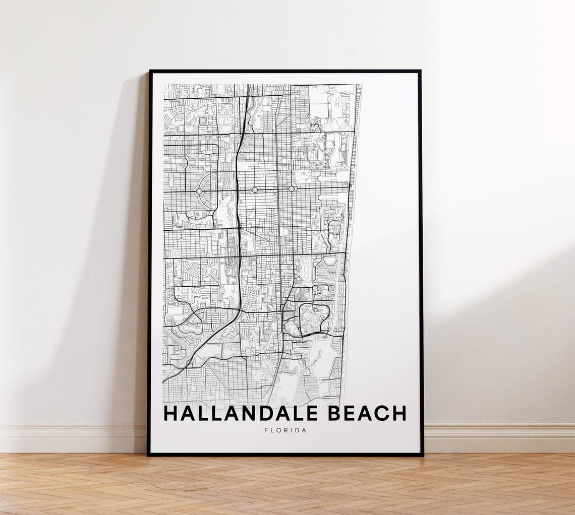 Hallandale Beach Florida Black and White City Street Map Poster