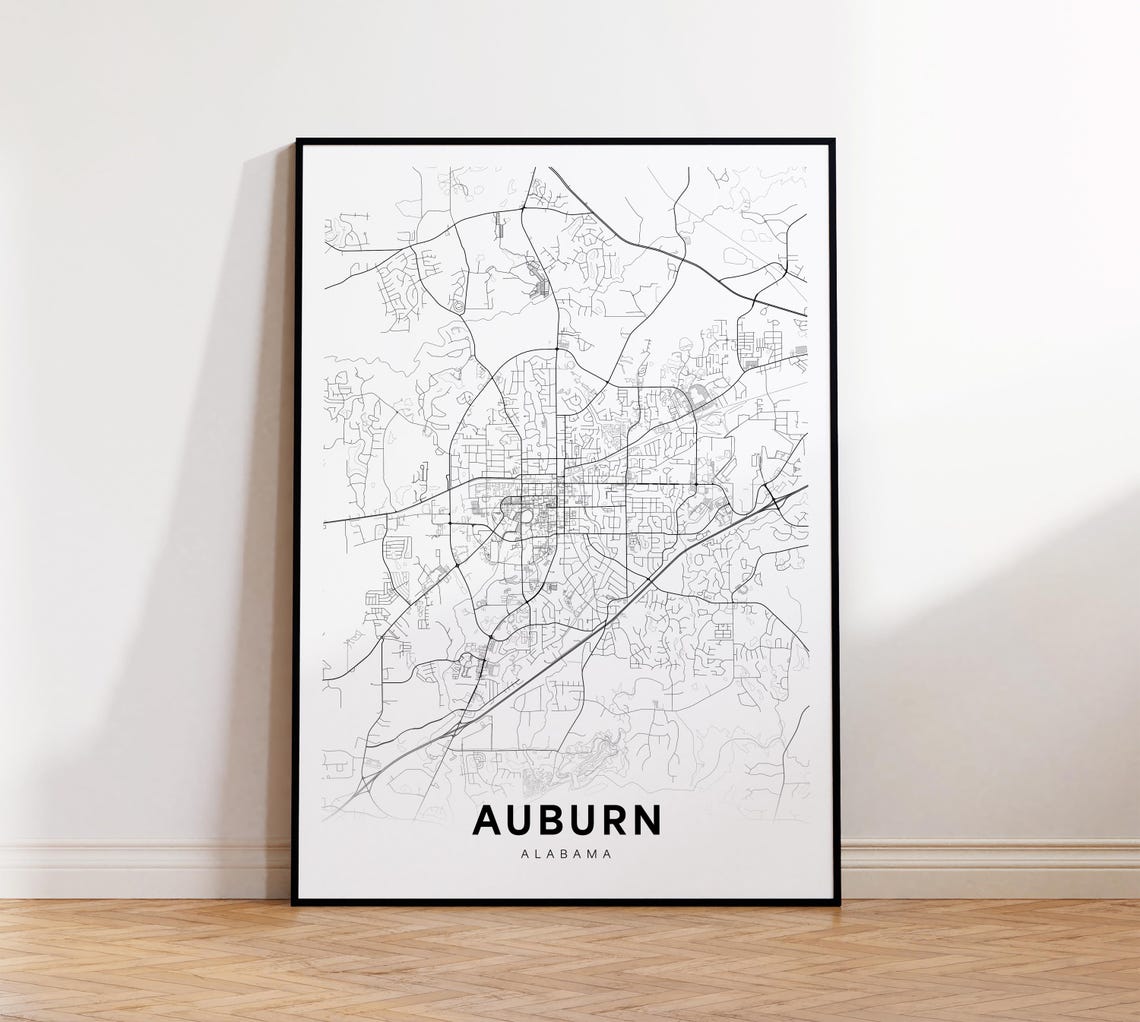 Auburn Alabama Minimalist Black White City Map Street Art Print