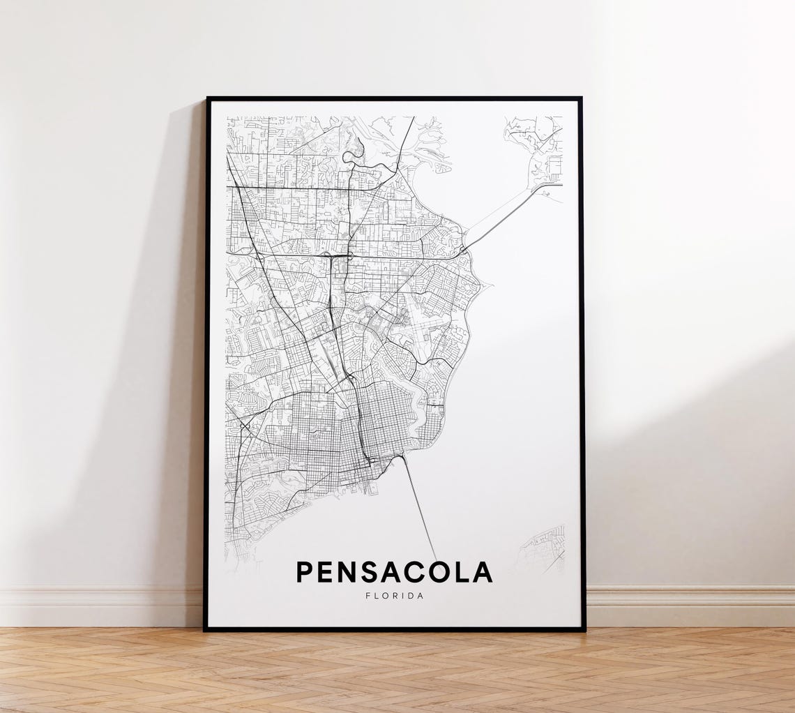 Pensacola Florida Minimalist Black White Street Map Wall Poster