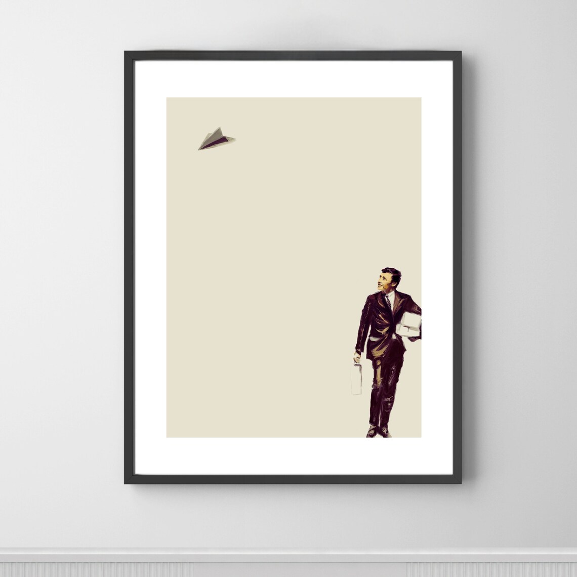 Man In Suit Watching Paper Plane Quirky Minimalist Illustration Poster