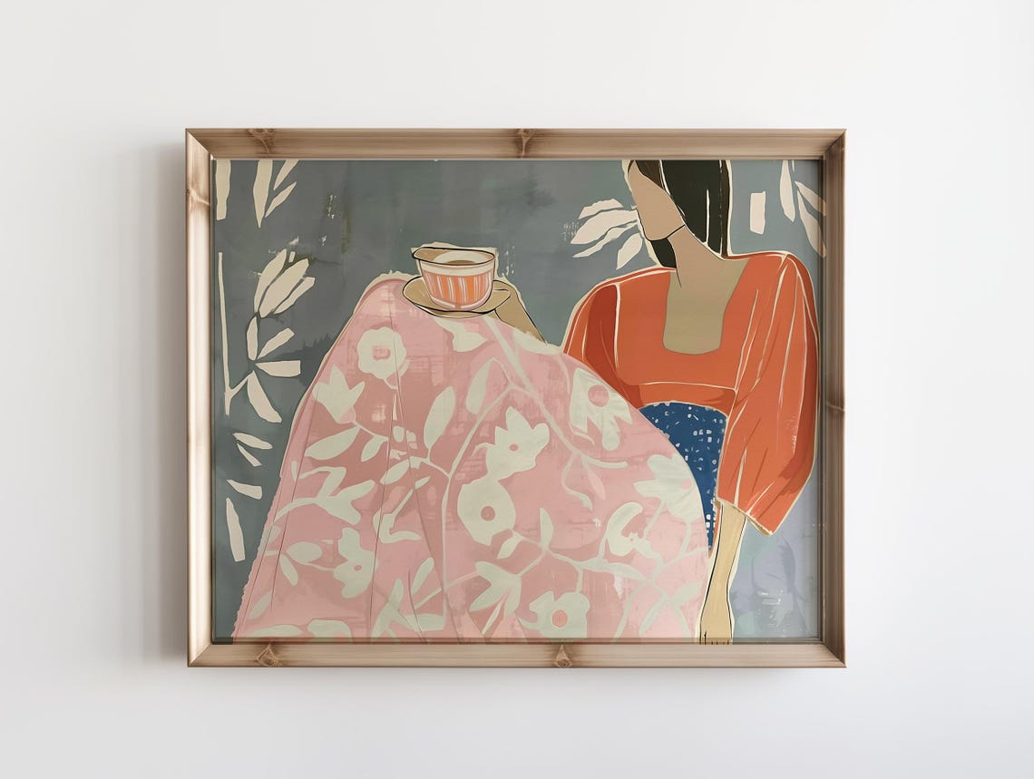 Tea Time Woman Orange Blouse Floral Table Modern Figurative Poster