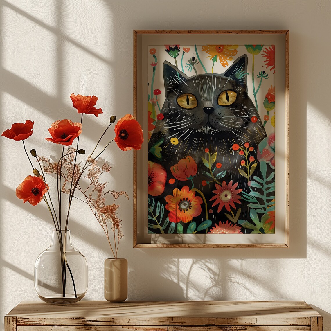 Black Cat Floral Art Print, Cat And Poppies - Image 2